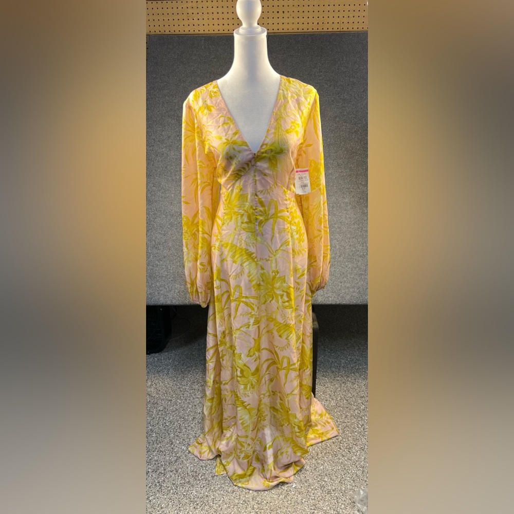 ZIMMERMAN Golden Tropical Floral Long Sleeve 100% Silk Maxi Dress